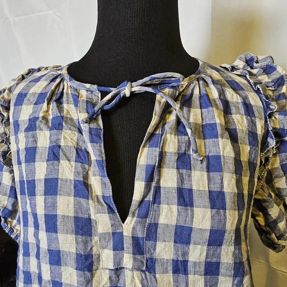 Olivaceous blue and white checkered 100% linen‎ midi dress - Picture 4 of 14